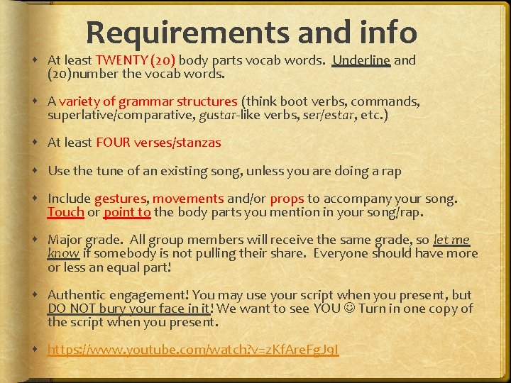 Requirements and info At least TWENTY (20) body parts vocab words. Underline and (20)number