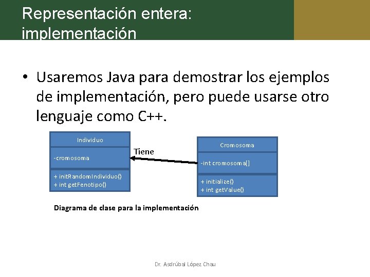 Representación entera: implementación • Usaremos Java para demostrar los ejemplos de implementación, pero puede
