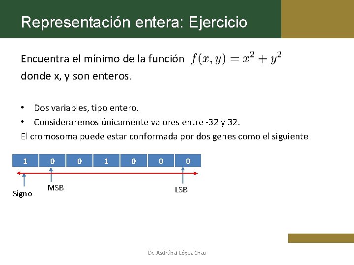 Representación entera: Ejercicio Encuentra el mínimo de la función donde x, y son enteros.