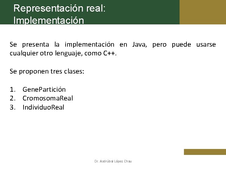 Representación real: Implementación Se presenta la implementación en Java, pero puede usarse cualquier otro