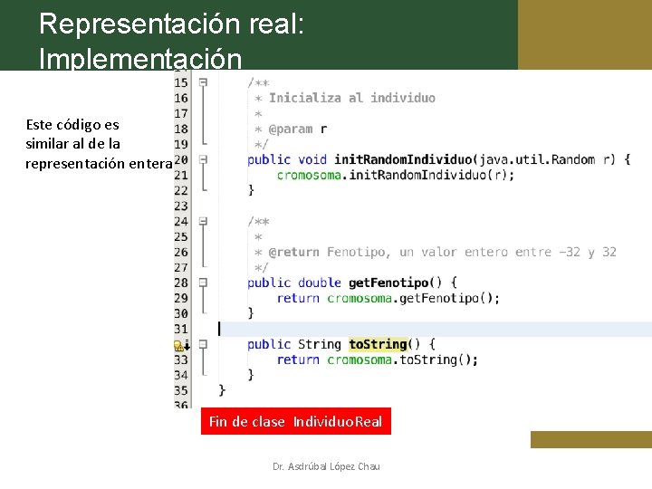Representación real: Implementación Este código es similar al de la representación entera Fin de