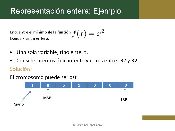 Representación entera: Ejemplo Encuentre el mínimo de la función Donde x es un entero.