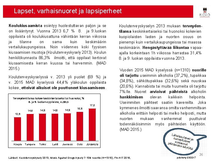 Lapset, varhaisnuoret ja lapsiperheet Koulukiusaamista esiintyy huolestuttavan paljon ja se on lisääntynyt. Vuonna 2013