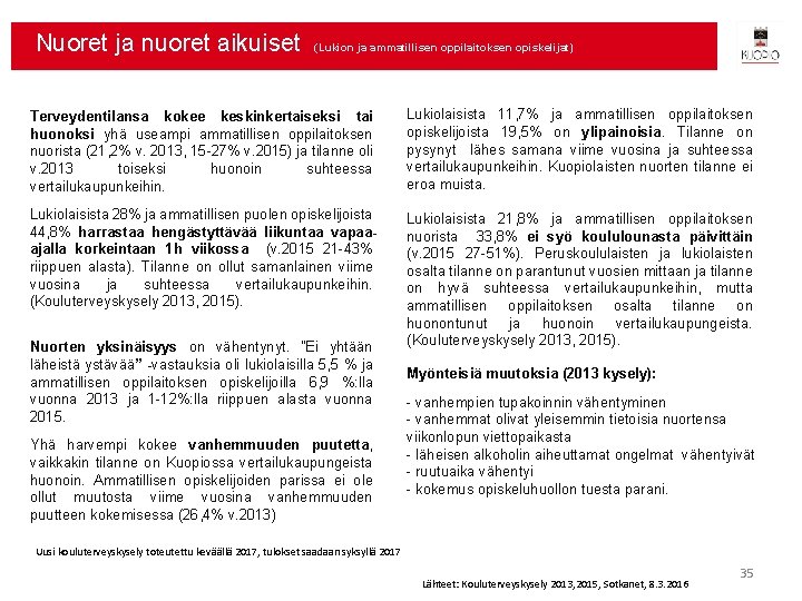 Nuoret ja nuoret aikuiset (Lukion ja ammatillisen oppilaitoksen opiskelijat) Terveydentilansa kokee keskinkertaiseksi tai huonoksi