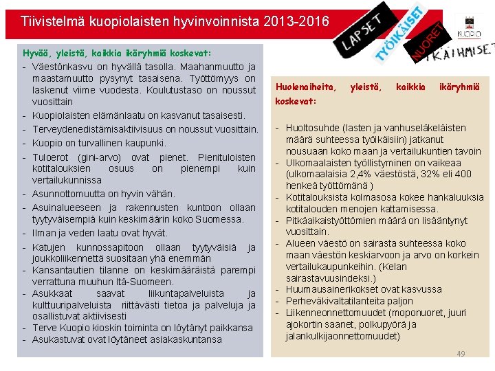 Tiivistelmä kuopiolaisten hyvinvoinnista 2013 -2016 Hyvää, yleistä, kaikkia ikäryhmiä koskevat: - Väestönkasvu on hyvällä