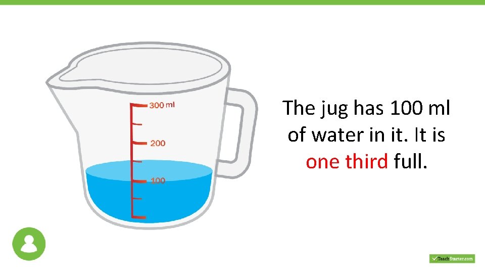 The jug has 100 ml of water in it. It is one third full.