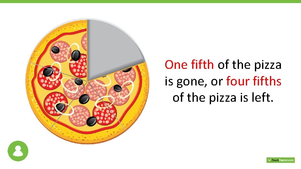 One fifth of the pizza is gone, or four fifths of the pizza is