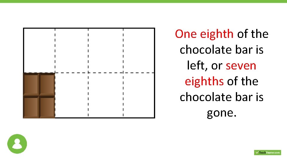 One eighth of the chocolate bar is left, or seven eighths of the chocolate