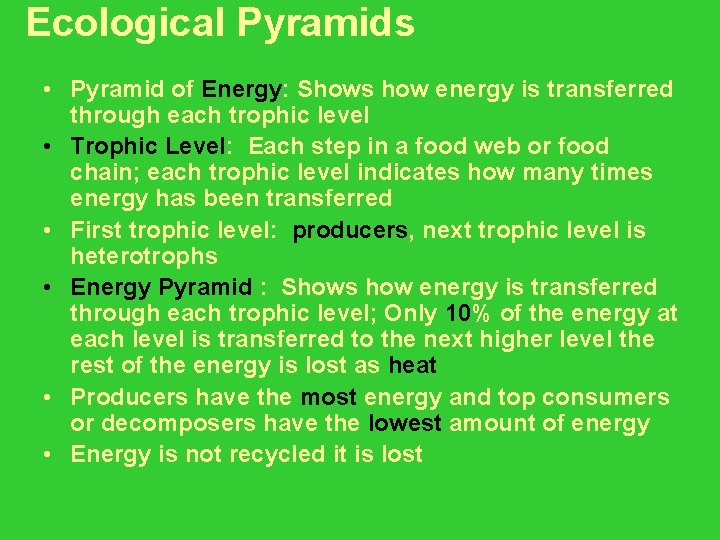 Ecological Pyramids • Pyramid of Energy: Shows how energy is transferred through each trophic