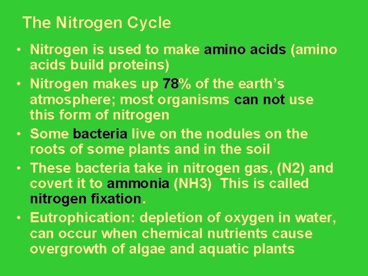 The Nitrogen Cycle • Nitrogen is used to make amino acids (amino acids build