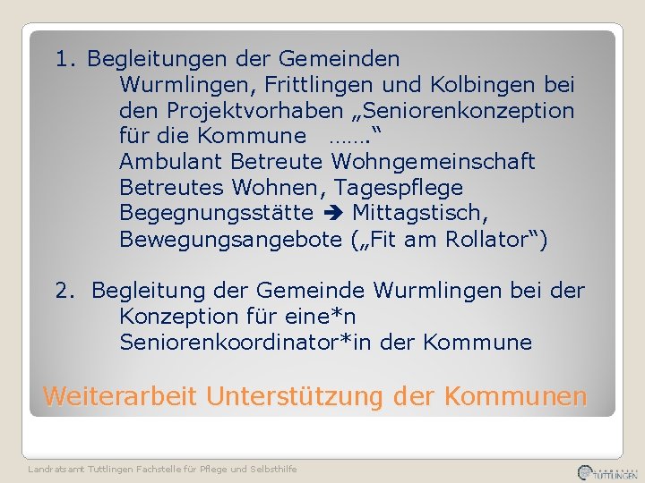 1. Begleitungen der Gemeinden Wurmlingen, Frittlingen und Kolbingen bei den Projektvorhaben „Seniorenkonzeption für die