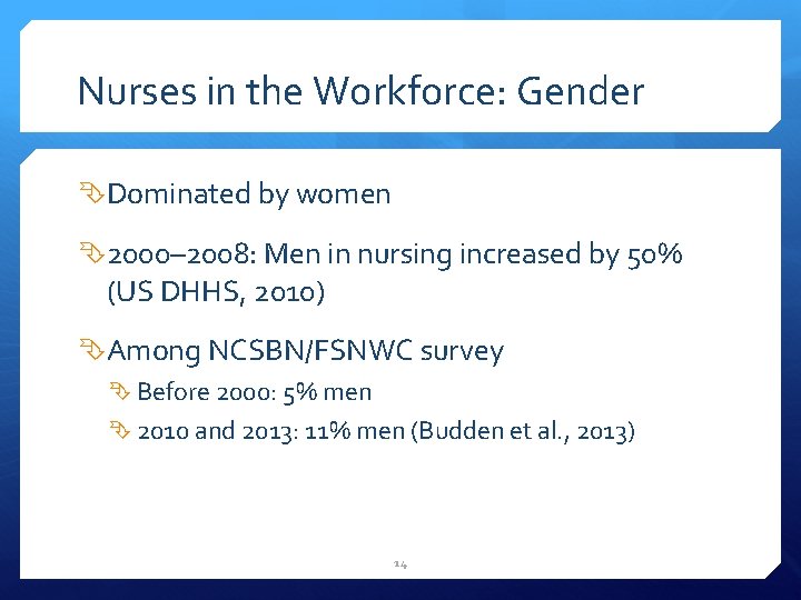 Nurses in the Workforce: Gender Dominated by women 2000– 2008: Men in nursing increased