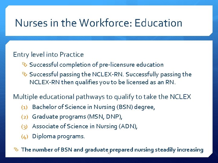 Nurses in the Workforce: Education Entry level into Practice Successful completion of pre-licensure education