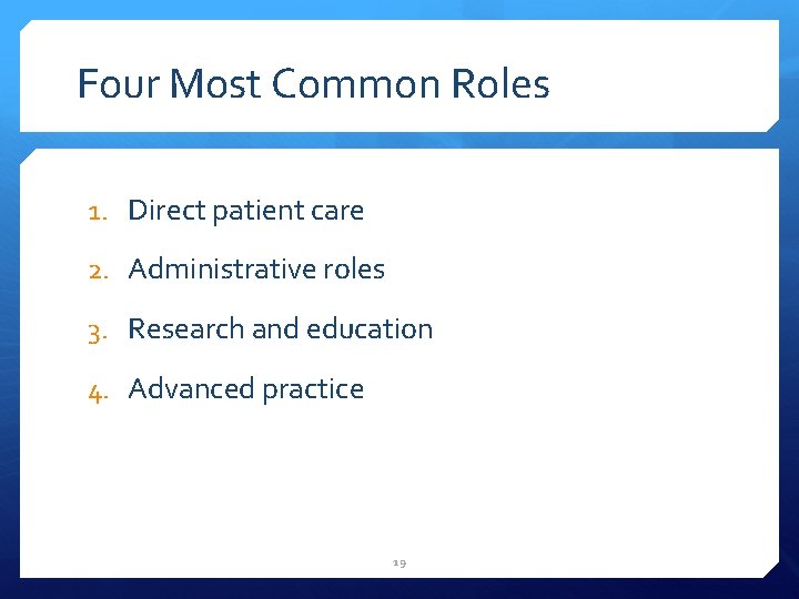 Four Most Common Roles 1. Direct patient care 2. Administrative roles 3. Research and