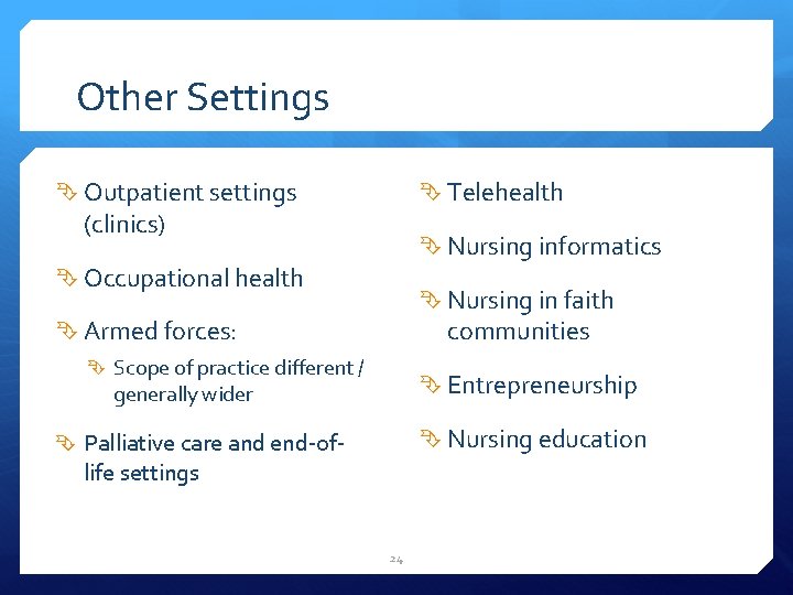 Other Settings Outpatient settings Telehealth (clinics) Nursing informatics Occupational health Nursing in faith Armed
