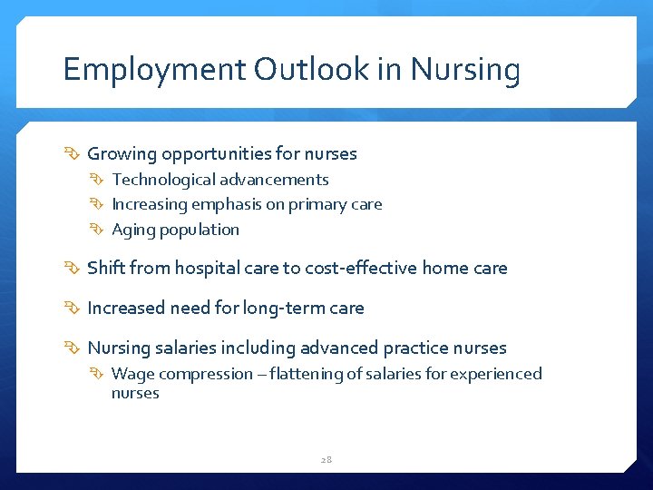 Employment Outlook in Nursing Growing opportunities for nurses Technological advancements Increasing emphasis on primary