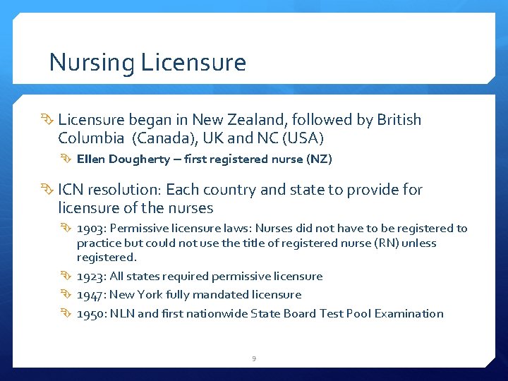 Nursing Licensure began in New Zealand, followed by British Columbia (Canada), UK and NC