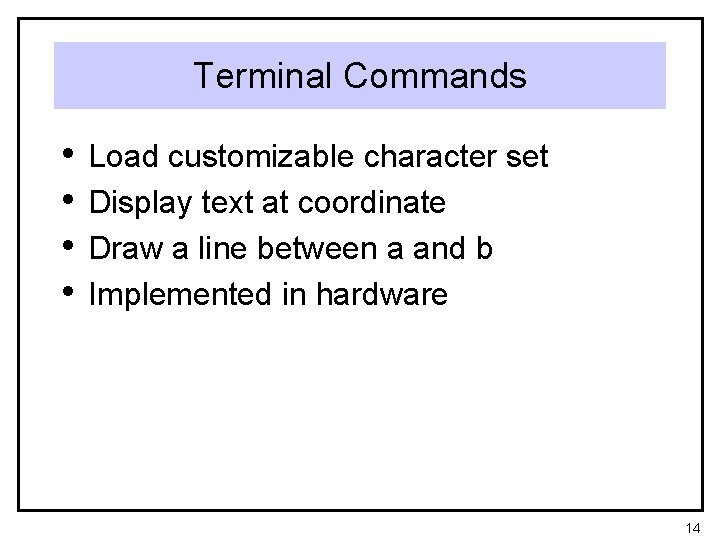Terminal Commands • • Load customizable character set Display text at coordinate Draw a