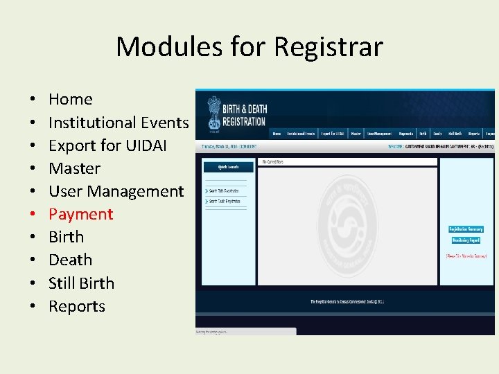 Modules for Registrar • • • Home Institutional Events Export for UIDAI Master User
