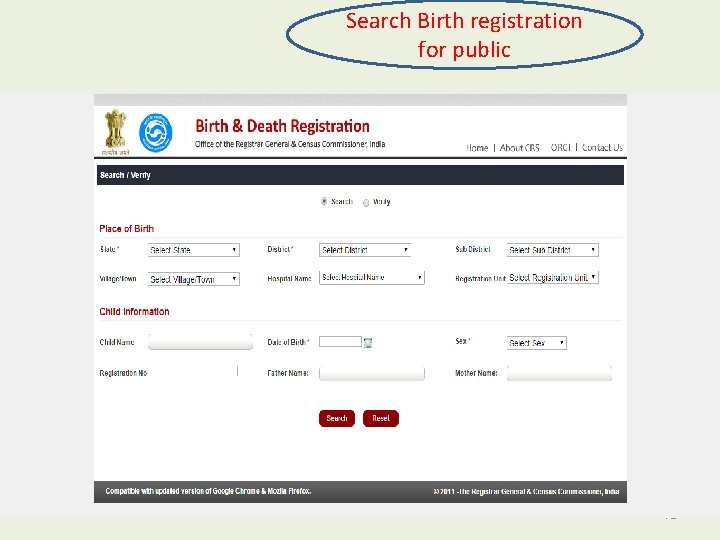 Search Birth registration for public 72 
