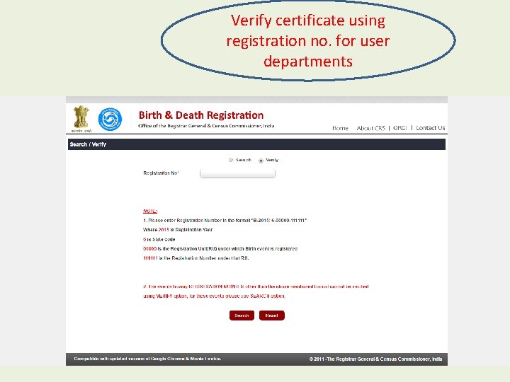Verify certificate using registration no. for user departments 