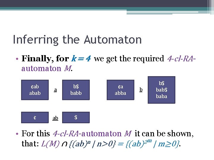 Inferring the Automaton • Finally, for k = 4 we get the required 4