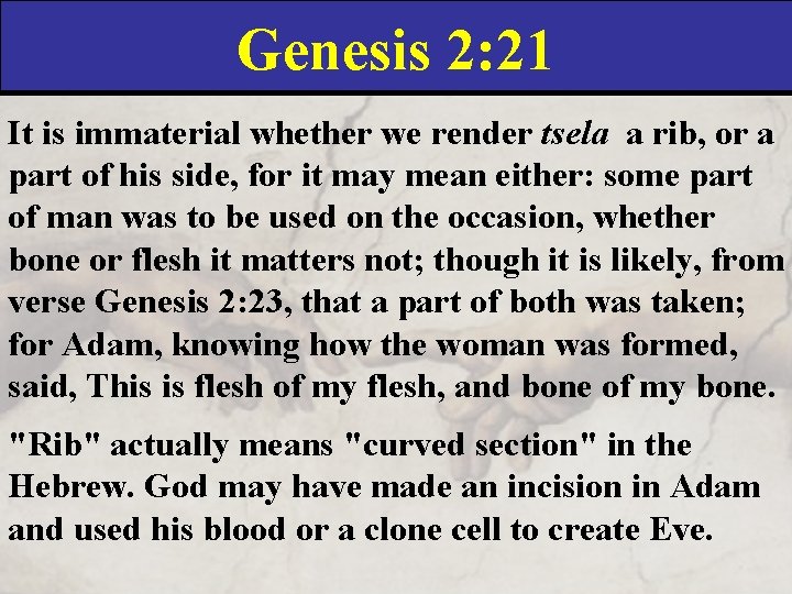 Genesis 2: 21 It is immaterial whether we render tsela a rib, or a