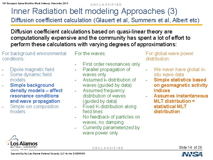 10 th European Space Weather Week Antwerp, November 2013 UNCLASSIFIED Inner Radiation belt modeling