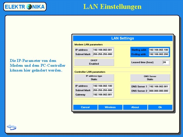 ELEKTR NIKA Die IP-Parameter von dem Modem und dem PC-Controller können hier geändert werden.