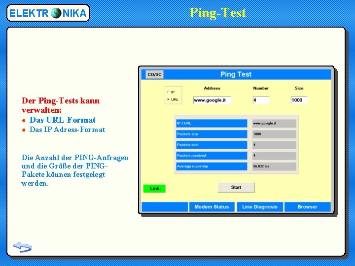 ELEKTR NIKA Der Ping-Tests kann verwalten: ● Das URL Format ● Das IP Adress-Format