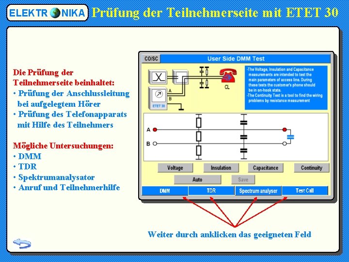 ELEKTR NIKA Prüfung der Teilnehmerseite mit ETET 30 Die Prüfung der Teilnehmerseite beinhaltet: •