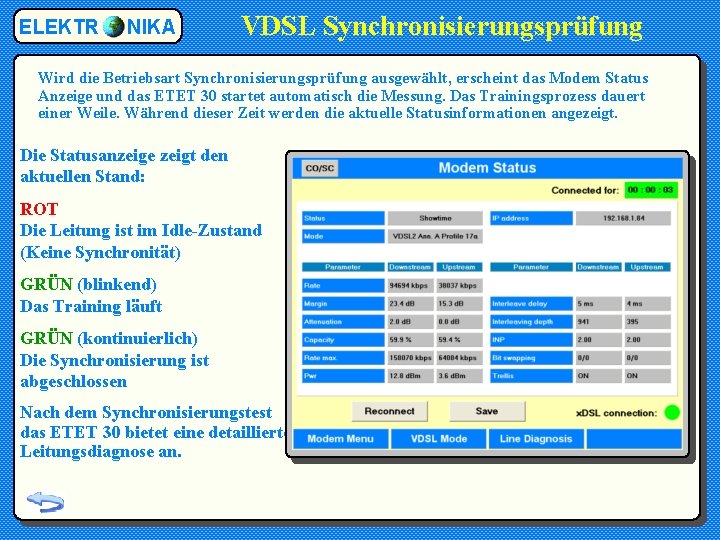 ELEKTR NIKA VDSL Synchronisierungsprüfung Wird die Betriebsart Synchronisierungsprüfung ausgewählt, erscheint das Modem Status Anzeige