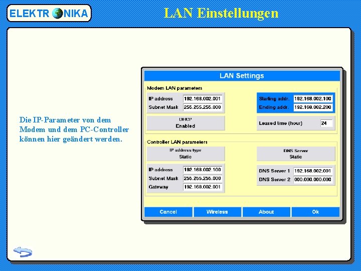 ELEKTR NIKA Die IP-Parameter von dem Modem und dem PC-Controller können hier geändert werden.