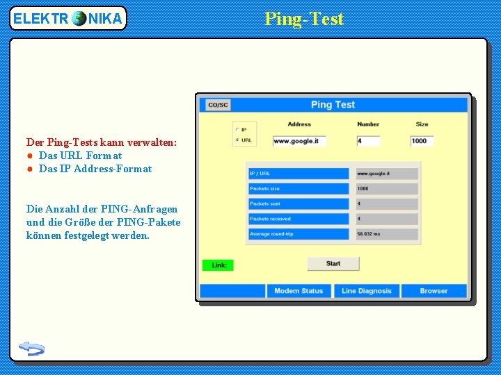 ELEKTR NIKA Der Ping-Tests kann verwalten: ● Das URL Format ● Das IP Address-Format