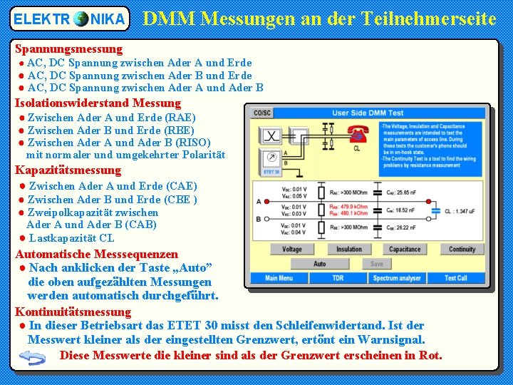 ELEKTR NIKA DMM Messungen an der Teilnehmerseite Spannungsmessung ● AC, DC Spannung zwischen Ader