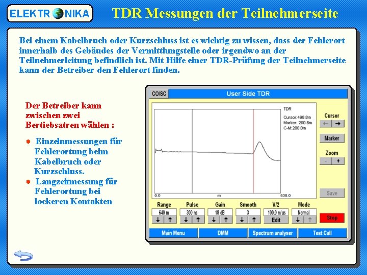 ELEKTR NIKA TDR Messungen der Teilnehmerseite Bei einem Kabelbruch oder Kurzschluss ist es wichtig