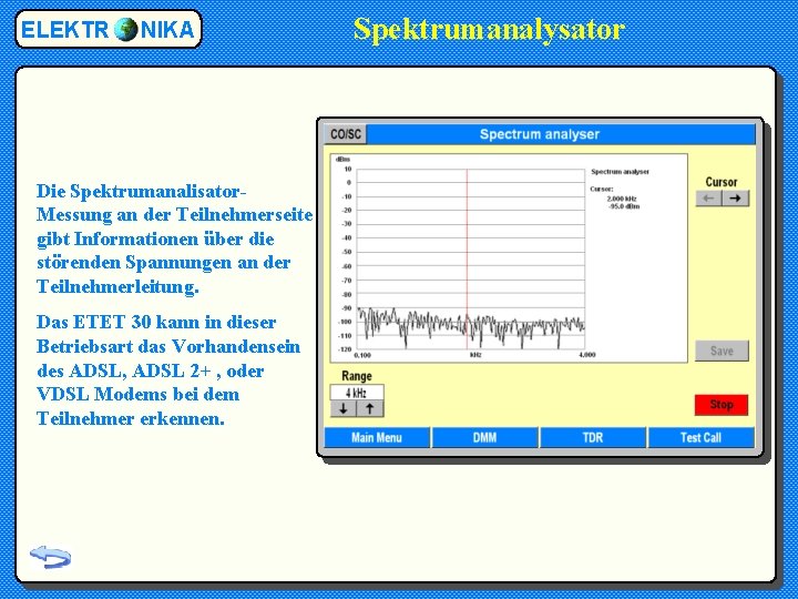 ELEKTR NIKA Die Spektrumanalisator. Messung an der Teilnehmerseite gibt Informationen über die störenden Spannungen