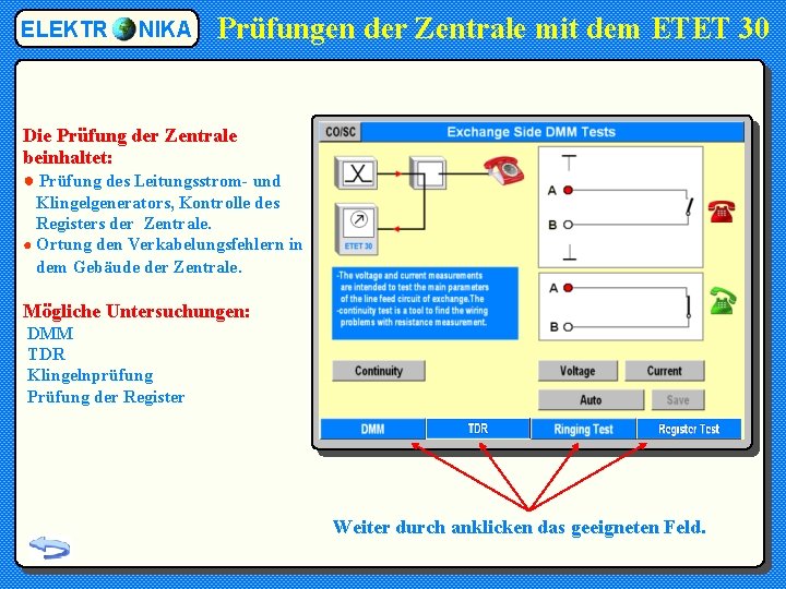 ELEKTR NIKA Prüfungen der Zentrale mit dem ETET 30 Die Prüfung der Zentrale beinhaltet:
