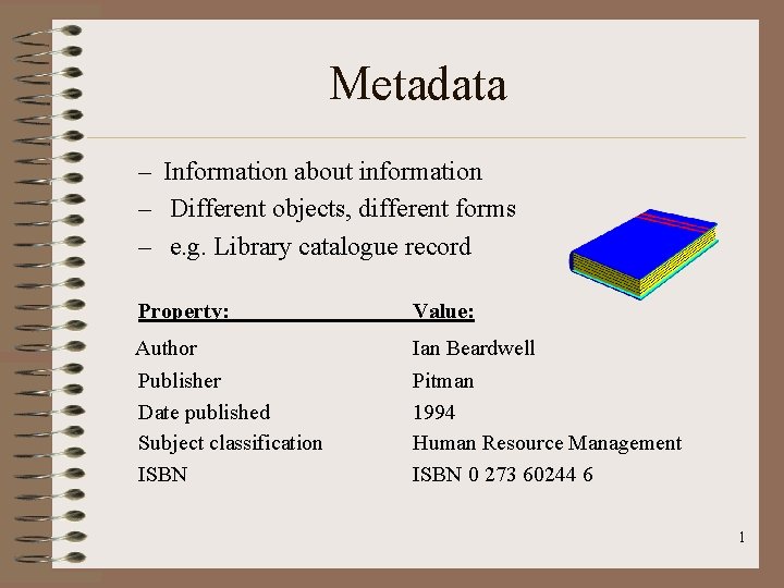 Metadata – Information about information – Different objects, different forms – e. g. Library