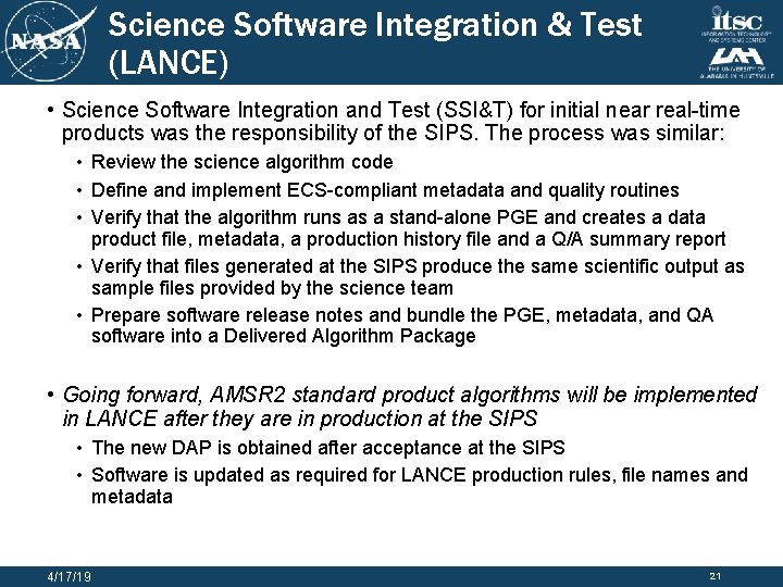 Science Software Integration & Test (LANCE) • Science Software Integration and Test (SSI&T) for