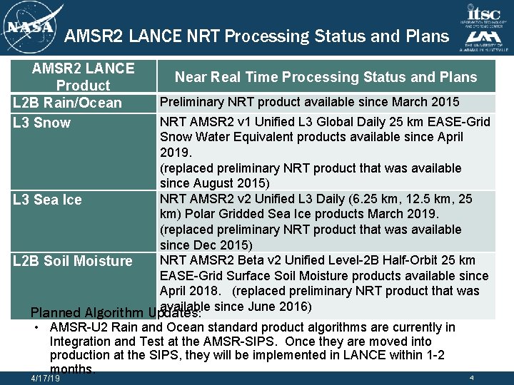 AMSR 2 LANCE NRT Processing Status and Plans AMSR 2 LANCE Product L 2