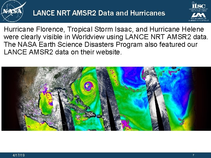 LANCE NRT AMSR 2 Data and Hurricanes Hurricane Florence, Tropical Storm Isaac, and Hurricane