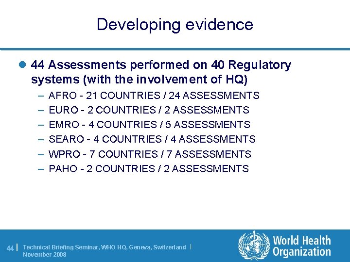 Developing evidence l 44 Assessments performed on 40 Regulatory systems (with the involvement of
