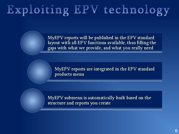 Exploiting EPV technology My. EPV reports will be published in the EPV standard layout