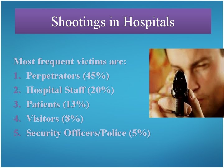 Shootings in Hospitals Most frequent victims are: 1. Perpetrators (45%) 2. Hospital Staff (20%)