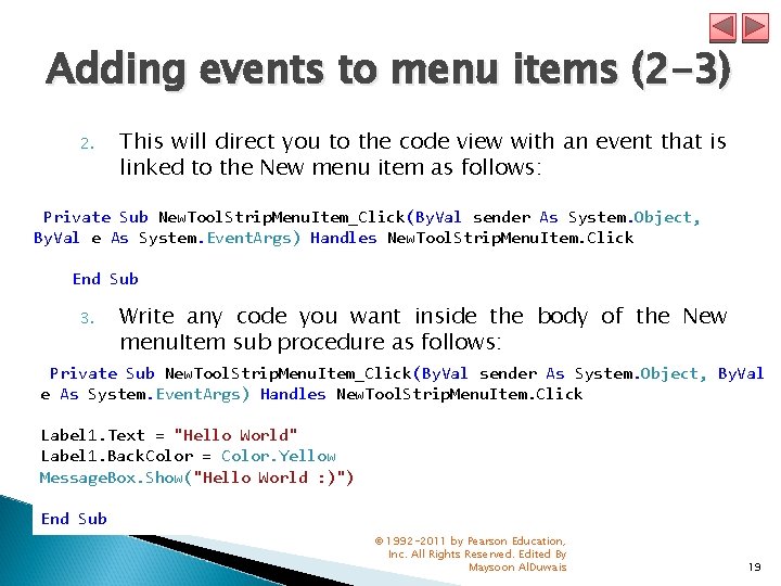 Adding events to menu items (2 -3) 2. This will direct you to the