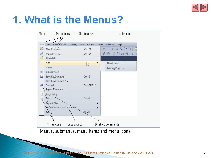 1. What is the Menus? © 1992 -2011 by Pearson Education, Inc. All Rights