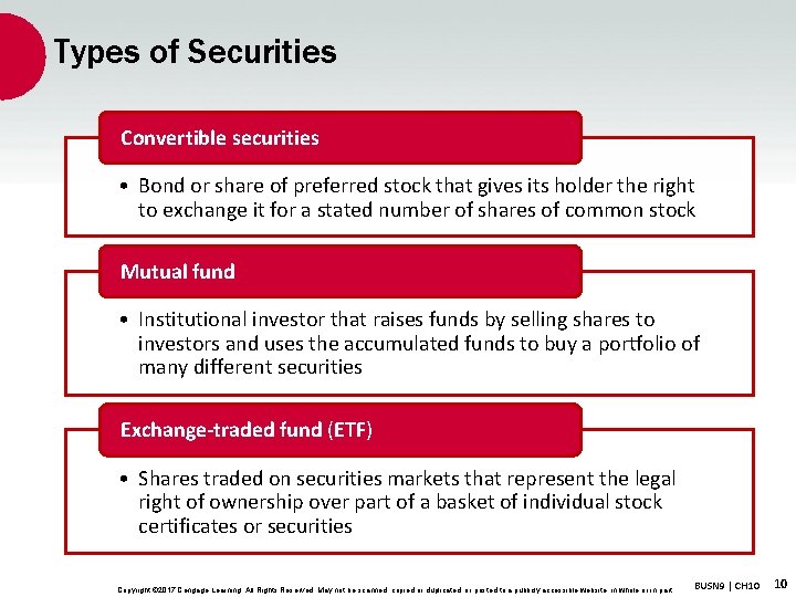 Types of Securities Convertible securities • Bond or share of preferred stock that gives