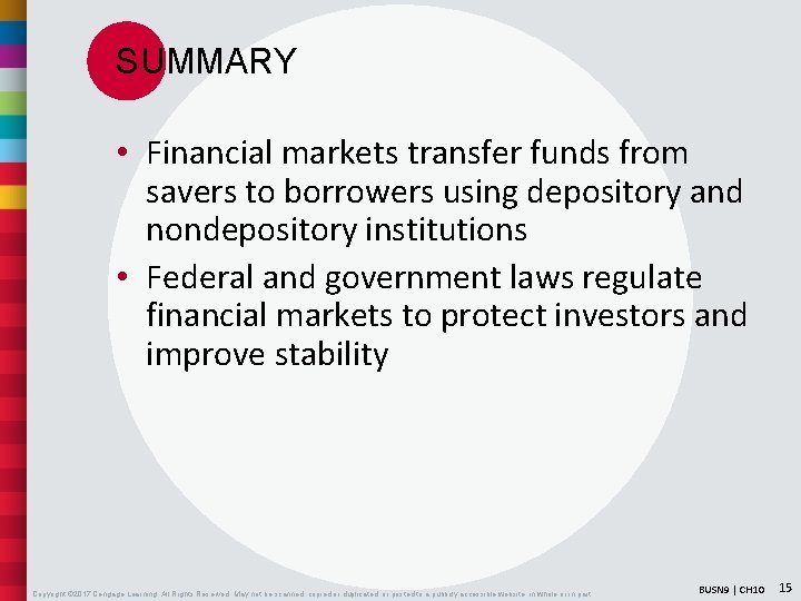 SUMMARY • Financial markets transfer funds from savers to borrowers using depository and nondepository