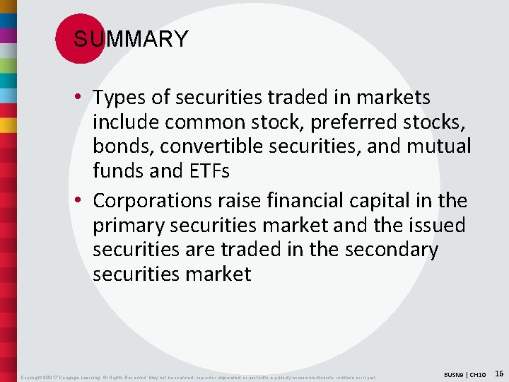 SUMMARY • Types of securities traded in markets include common stock, preferred stocks, bonds,